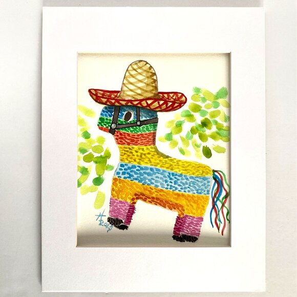 Piñata Pony in a Sombrero Art Original Watercolor Painting Matted 11x14in - Picture 3 of 6